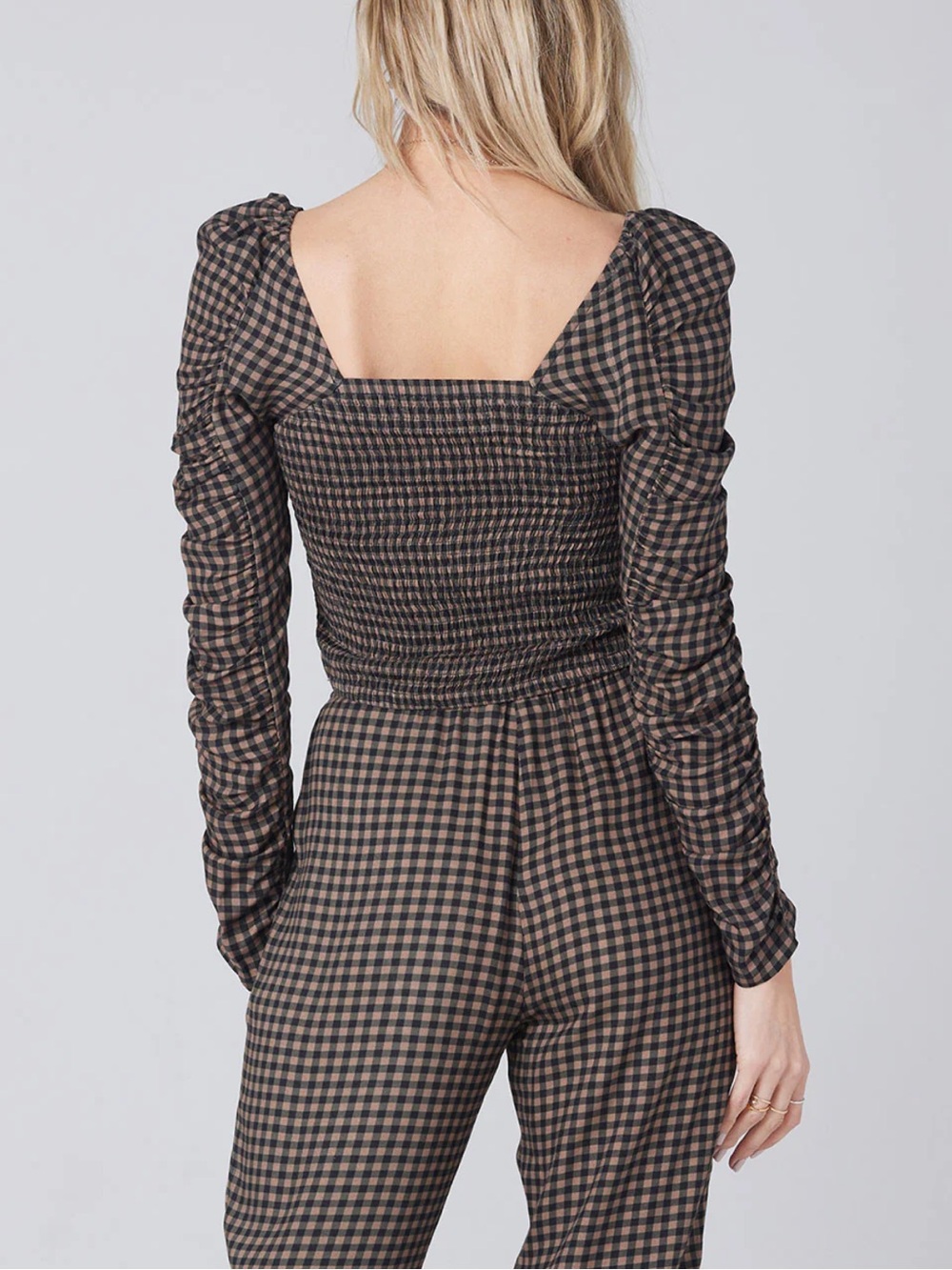 Gingham Long-Sleeve Crop Top - Brown/Black - Picture 2 of 5